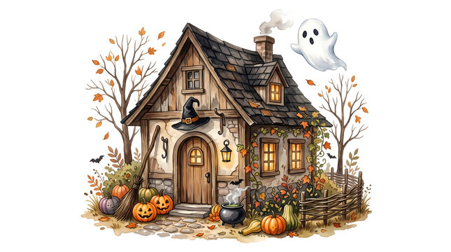 Spooky witch's cottage with ghost and pumpkins for happy halloween holiday decor.