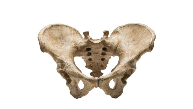 Anatomical model of a human pelvis showing the sacrum and ilium bones on a plain white background, isolated on a, transparent background