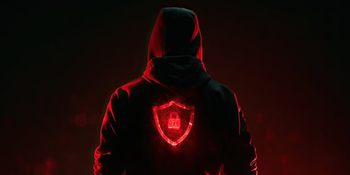 Anonymous figure in a hoodie with a glowing red shield and lock icon on back