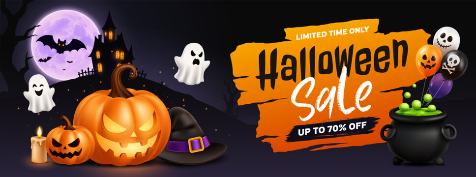 Halloween Sale Banner with Jack O Lantern, Witch Hat, Cauldron, Ghosts and Haunted Castle
