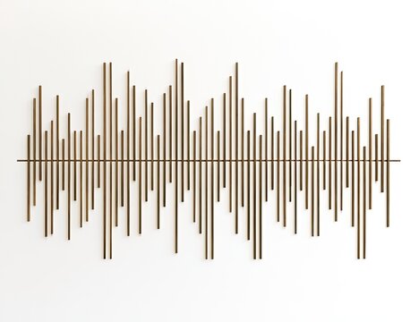Abstract metal art resembling a sound wave on a white wall