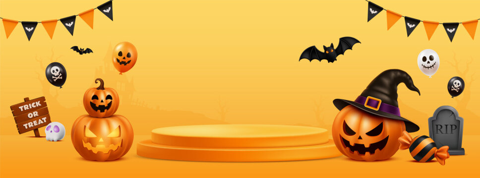 Halloween Product Display Banner with Pumpkins, Witch Hat, Bats and Decorative Podium