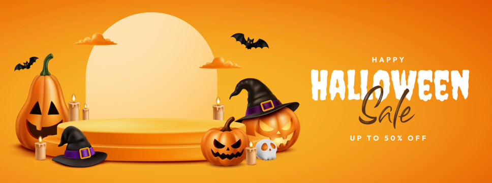 Halloween Sale Banner with Jack O Lanterns, Witch Hat, Cauldron and Empty Product Podium