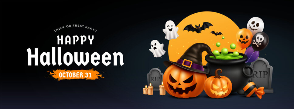 Happy Halloween Banner with Jack O Lantern, Witch Hat, Cauldron, Ghosts and Candy