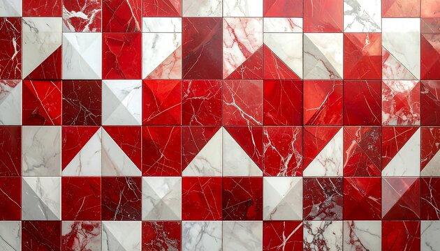 Red and White Marble Geometric Mosaic Tiles Pattern Background with Triangular relief Texture Full Frame