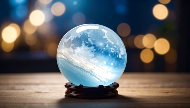 Glowing blue crystal ball on wooden stand with magical swirling light and golden bokeh night background