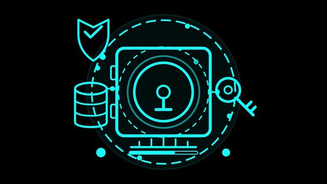 Neon blue glowing cyber security icon representing data protection with digital vault, secure server, shield, and access key on black