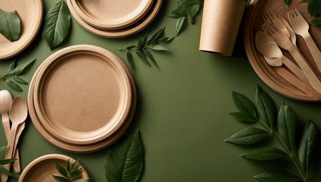 Eco-friendly disposable tableware and greenery arranged artistically