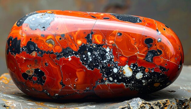 Polished Red Jasper Gemstone Specimen with Black and Orange Inclusions Close Up View on Stone Surface