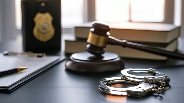 Gavel, handcuffs, police badge, and legal books on a desk symbolizing law enforcement and justice.