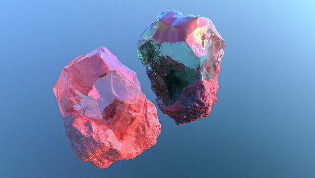 Two iridescent, rough-textured mineral-like objects float against a gradient blue background