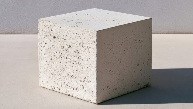 A textured, grey concrete cube casts a shadow on a neutral surface
