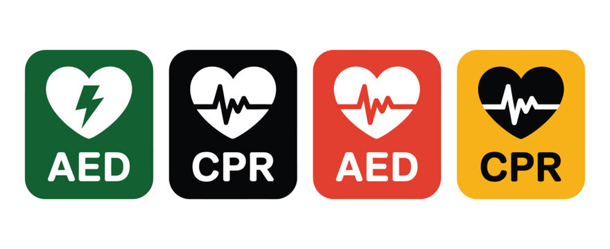 AED emergency defibrillator icons, automated external defibrillator and CPR symbols, cardiac rescue and medical response vector illustration.