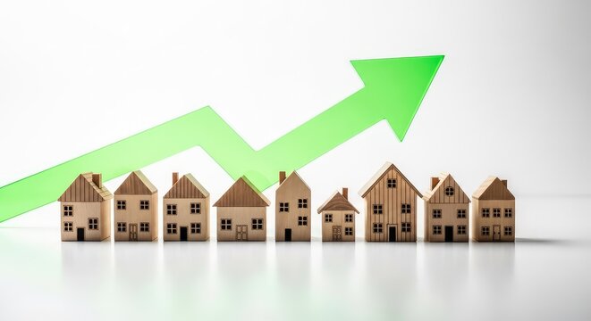 A row of small wooden model houses arranged on a clean surface with a bright green rising arrow indicating a positive real estate trend, industry, progress, data