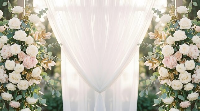 Elegant floral wedding arch background with white curtains and roses for a beautiful merry chistmas holiday celebration
