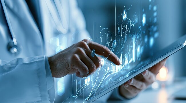 Doctor using tablet with futuristic medical data interface