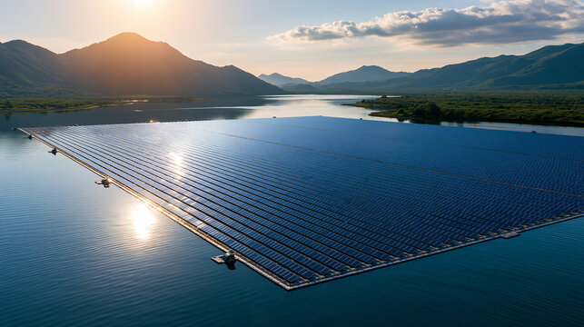 Floating Solar Farm on Mountain Lake at Sunset Generating Clean Renewable Energy