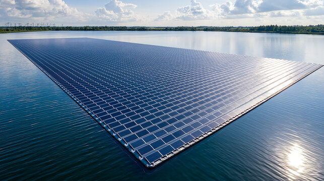 Floating Solar Farm on Lake With Large Photovoltaic Array for Clean Renewable Energy