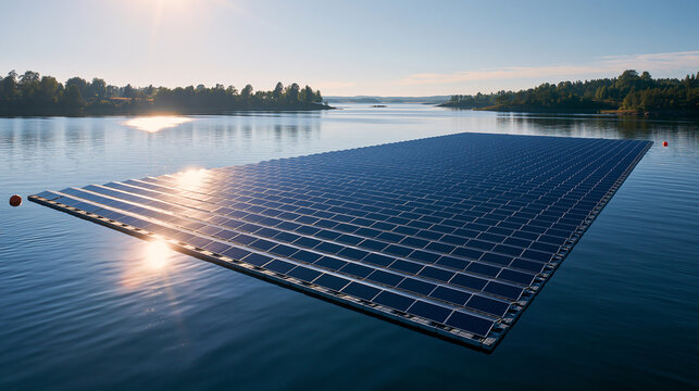 Floating Solar Panel Farm on Lake at Sunset for Renewable Energy