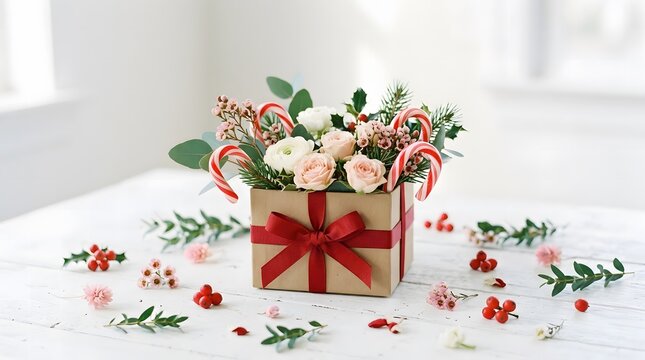 Beautiful floral centerpiece in a gift box with red ribbon to wish everyone a merry chistmas holiday season
