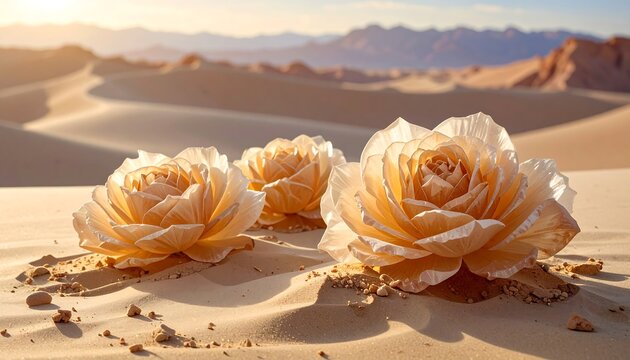Surreal Desert Rose Crystal Formations Resting on Golden Sand Dunes under Bright Sunlight Landscape