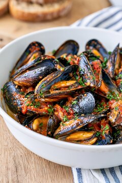 Mediterranean mussels cooked in rich tomato sauce with fresh herbs, rustic seafood meal