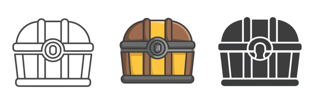 Treasure chest icon, pirate treasure symbol, wooden chest, gold storage, hidden riches, adventure, fantasy, mystery, isolated, white background, vector illustration