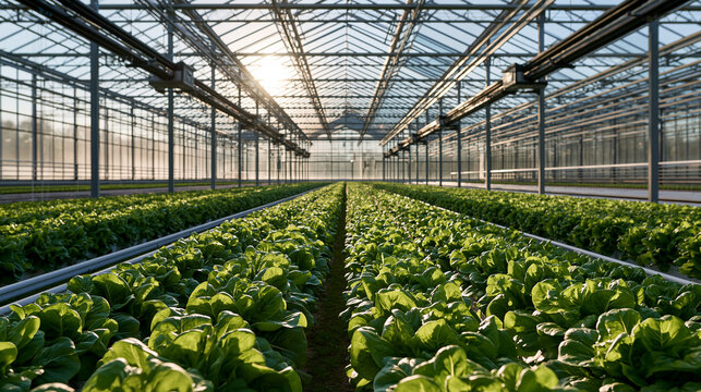 Modern Greenhouse Farming With Rows of Leafy Green Crops in Controlled Environment Agriculture