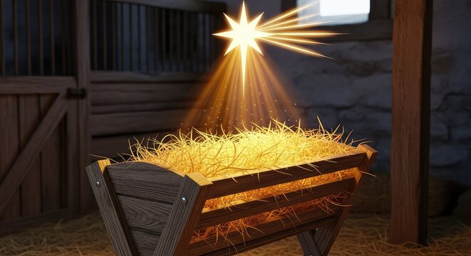 A rustic wooden manger filled with golden straw sits inside a dim stable under a brilliant glowing star with rays of light shining down, faith, star, ancient