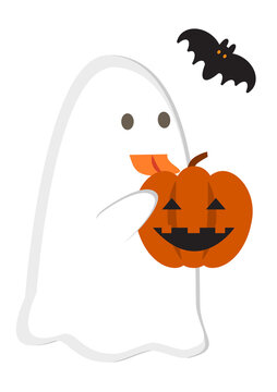 ハロウィンのかぼちゃを持つかわいいおばけとコウモリのイラスト