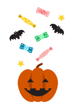 ハロウィンのかぼちゃとお菓子とコウモリのイラスト