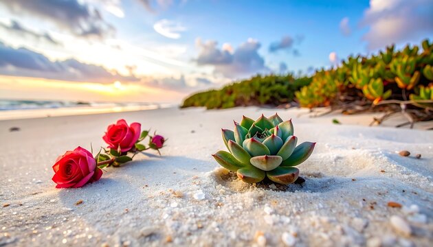 Beautiful red roses and green succulent plant lying on white sand beach during golden sunset horizon view