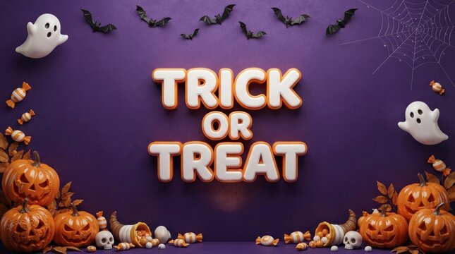 Trick or treat text with scary pumpkins and ghosts for halloween party
