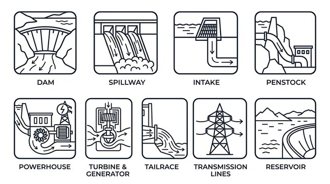 Diagram illustrating components and processes of hydroelectric power generation and water management systems