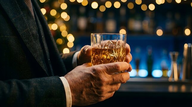 A man in a suit holding a glass of whiskey to celebrate merry chistmas in a festive bar