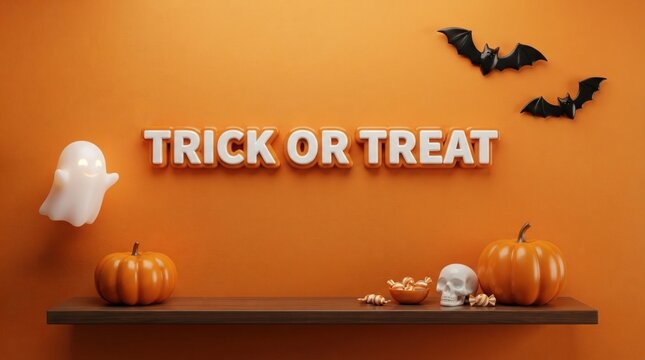 Trick or treat text sign with halloween pumpkins bats and ghost decor