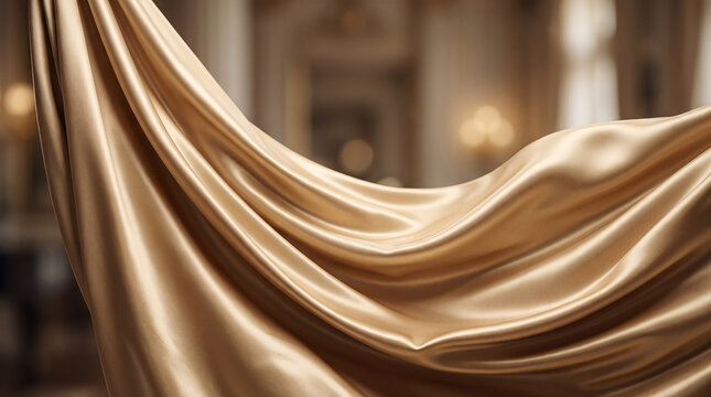 Luxurious Golden Satin Fabric With Elegant Flowing Folds and Soft Highlights