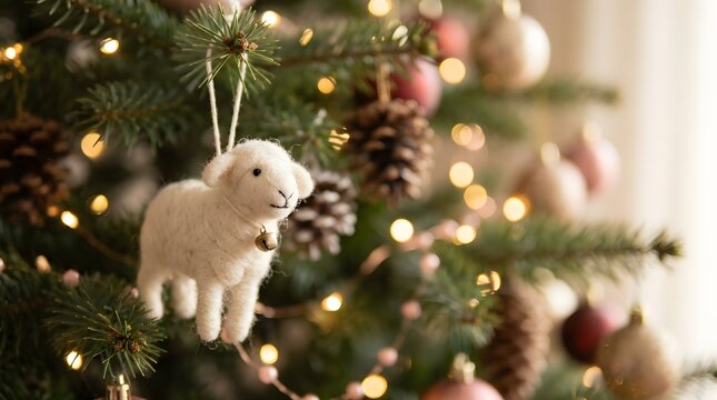 A cute felt sheep ornament hanging on a decorated christmas tree to wish everyone a merry chistmas