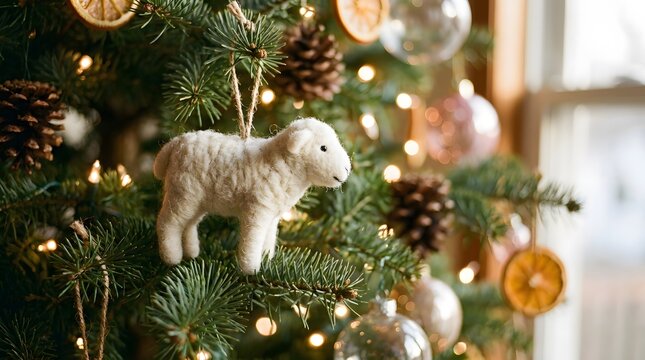 A cute sheep ornament hanging on a decorated pine tree wishing everyone a very merry chistmas holiday season