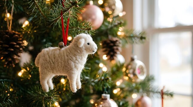 A cute sheep ornament hanging on a decorated pine tree wishing everyone a very merry chistmas holiday season