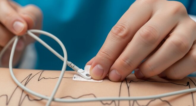 Close up of a medical professional attaching an ECG electrode to a patient's skin for cardiac monitoring