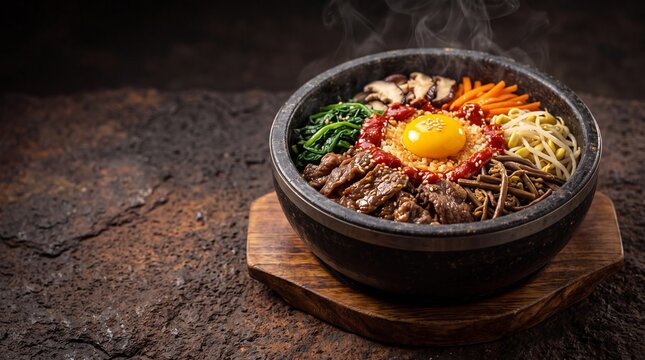 Delicious Traditional Korean Bibimbap Mixed Rice Bowl with Beef and Vegetables in a Hot Stone Pot