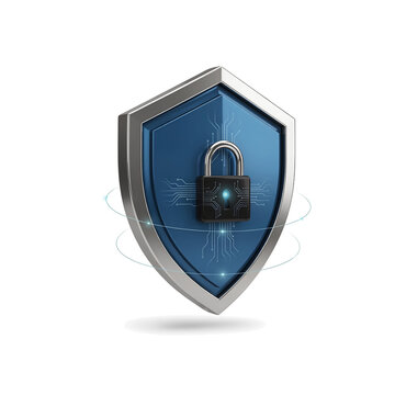 Cyber security shield icon with steel frame padlock and digital circuits isolated on white background 3D rendering