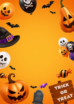 Halloween Spooky Background with Pumpkins, Bats, Candy and Witch Hat