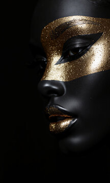 Gold makeup fashion model displays a striking metallic mask and gilded lips against a dark matte background for high fashion