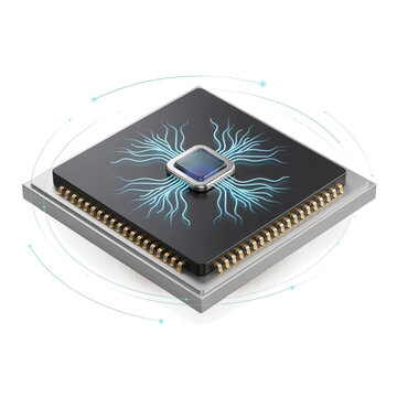 Modern AI microchip processor with luminous glowing neural connections on electronic motherboard isolated on white background 3D rendering