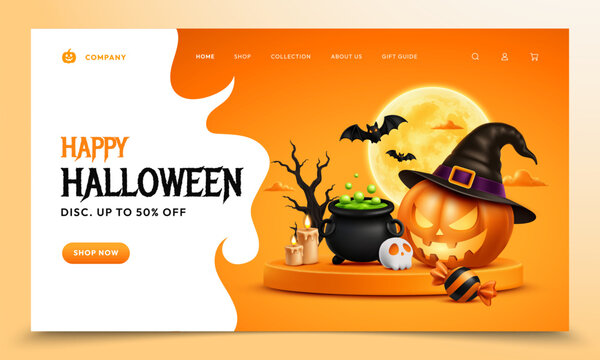 Halloween Landing Page Template with Pumpkin, Witch Hat and Spooky Sale Elements