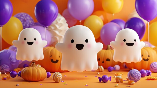 Cute White Sheet Ghosts Floating with Balloons, Candies, and Pumpkins for Halloween Party