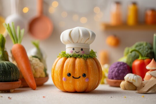 Adorable Pumpkin Wearing Chef Hat in Kitchen Surrounded by Fresh Autumn Vegetables