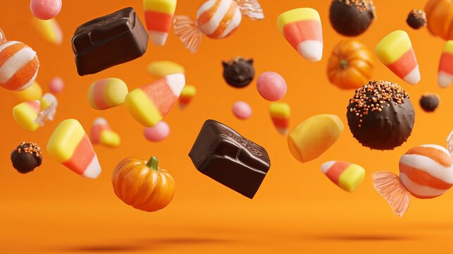 Flying Halloween Candies, Chocolates, and Small Pumpkins on Orange Background